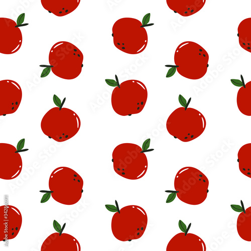 Ripe, red apples with a leaf, geometric seamless pattern on a white background, vector. 