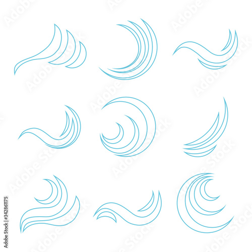Wave icon, blue abstract wave. Set of blue wave icons on white. Vector, cartoon illustration.