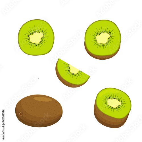 Set of whole ripe kiwi fruit, its halves, slices, isolated on white background. Vector flat illustration.