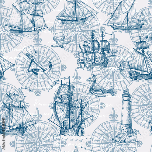 Old caravel, vintage sailboat, sea monster. Vector seamless pattern