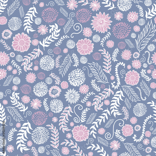 Fototapeta Naklejka Na Ścianę i Meble -  Meadow ditzy spring flowers and leaves vector repeat pattern. Pattern for fabric, backgrounds, wrapping, textile, wallpaper, apparel. Vector illustration