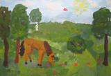 The Horse on the lawn in summer, gouache