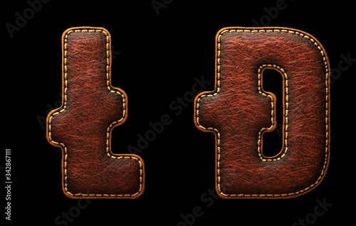 Set of symbols litecoin and dashcoin made of leather. 3D render font with skin texture isolated on black background. photo