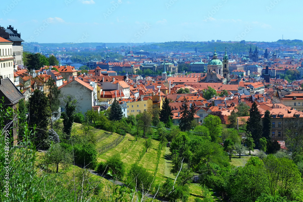 Prague panoramic view with red tiled roofs and green terraces