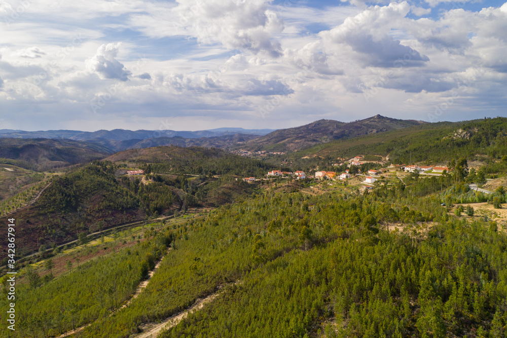 Vila de Rei drone aerial landscape view of beautiful nature landscape with green and yellow trees, in Portugal