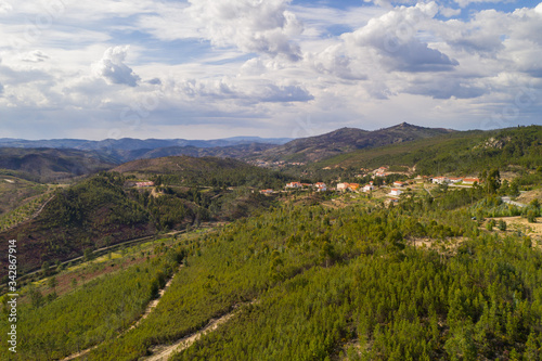 Vila de Rei drone aerial landscape view of beautiful nature landscape with green and yellow trees  in Portugal