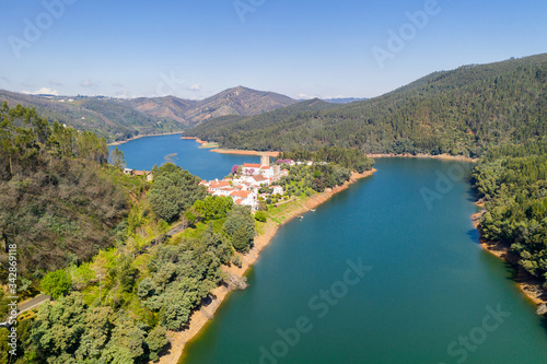 Dornes drone aerial view of city and landscape with river Zezere in Portugal