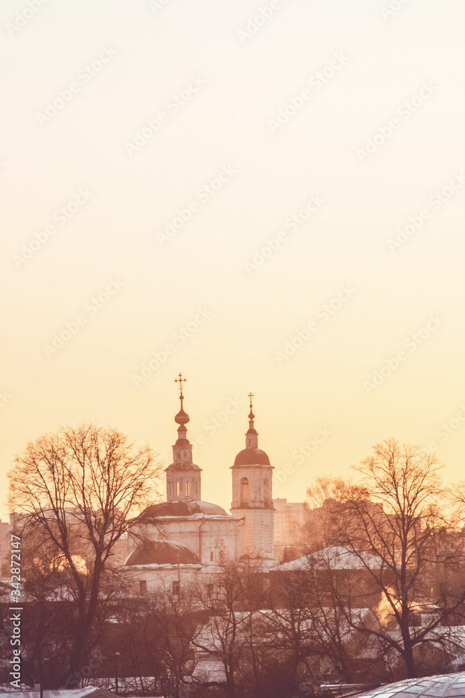 church in winter at golden hour. золотое кольцо России, город Владимир