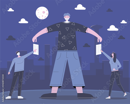 Volunteer handed out medical masks to people to protect them from coronavirus and viral infection. Men and women wear masks. Coronavirus pandemic. Vector illustration