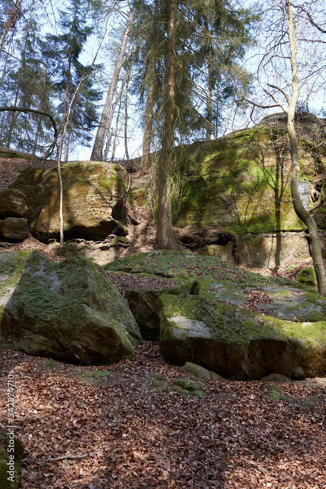 April 10, 2020 - Sandstone rocks in central Bohemia - Kokorin area in the spring