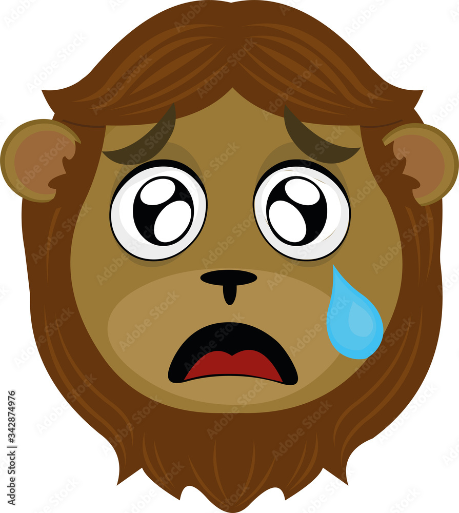 Vector illustration of a cartoon lion's face, with a tearful expression Vector illustration of a cartoon lion's face, with a tearful expression
