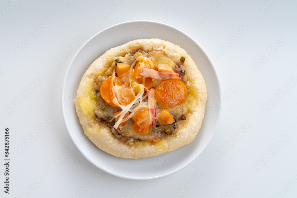 Pizza Cheese with Shrimp, Pork, Imitation Crab Stick and Salted Eggs on White Dish Wood Table. Pizza Cheese with Shrimp, Pork, Imitation Crab Stick and Salted Eggs on White Dish Wood Table.