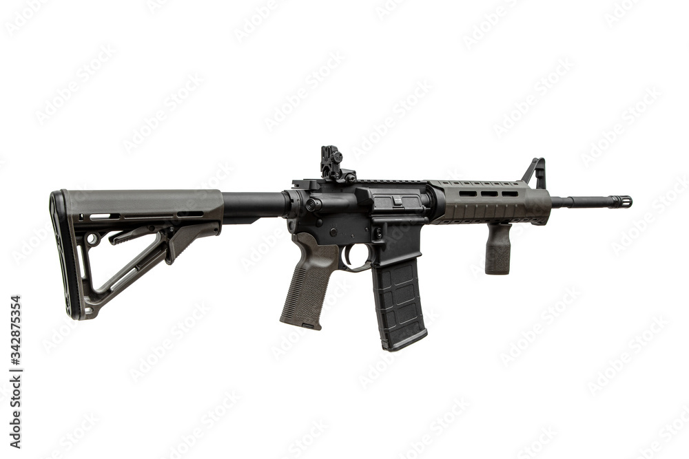 Modern automatic rifle isolated on white. Weapons for police, special forces and the army. Automatic carbine with mechanical sights.