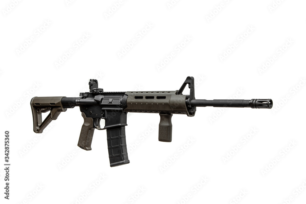 Modern automatic rifle isolated on white. Weapons for police, special forces and the army. Automatic carbine with mechanical sights. Modern automatic rifle isolated on white. Weapons for police, special forces and the army. Automatic carbine with mechanical sights.