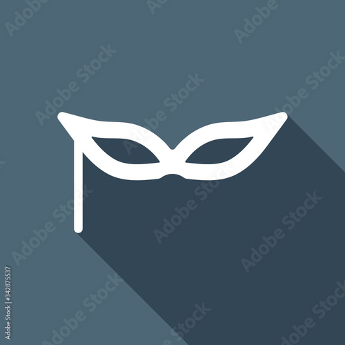 Carnival mask, incognito at the masquerade. White flat icon with long shadow on blue background