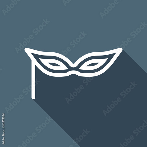 Carnival mask, incognito at the masquerade, linear style. White flat icon with long shadow on blue background