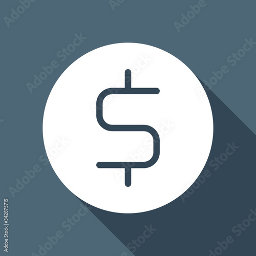 Dollar coin, money sign. White flat icon with long shadow on blue background
