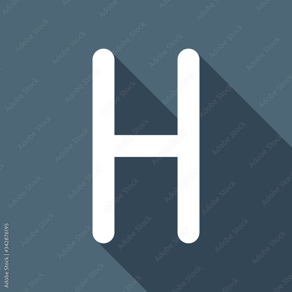 Letter H of alphabet, isolated outline symbol. White flat icon with long shadow on blue background Letter H of alphabet, isolated outline symbol. White flat icon with long shadow on blue background