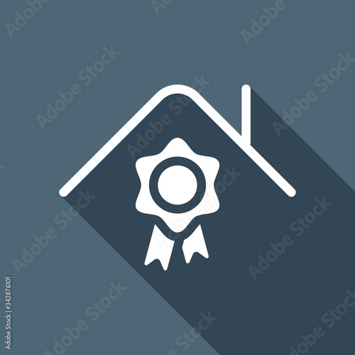 Certification house, certificate of quality for building. White flat icon with long shadow on blue background