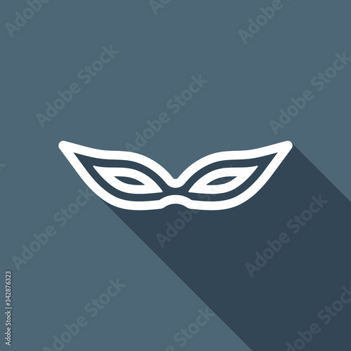 Masquerade mask, carnival or party, outline design. White flat icon with long shadow on blue background