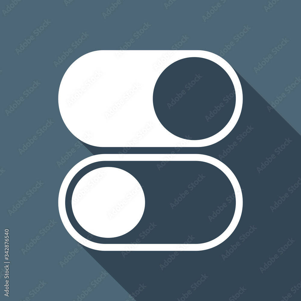switch on or off, app slider. White flat icon with long shadow on blue background