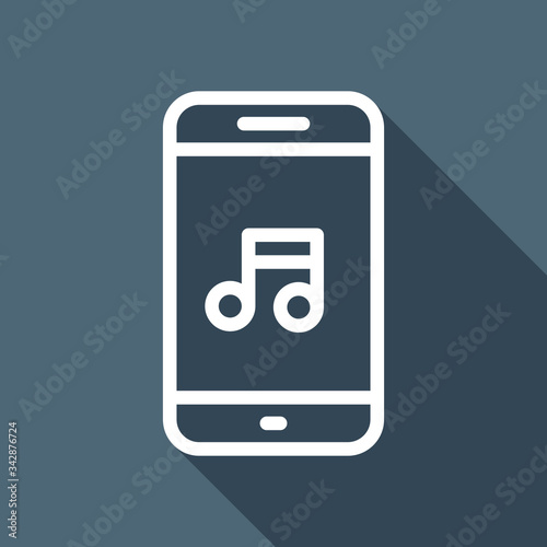 Mobile phone and music note, outline design. White flat icon with long shadow on blue background