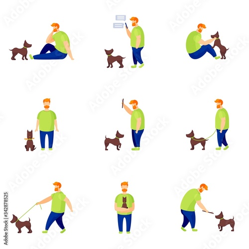 Man and dog on a walk. Vector illustrations set