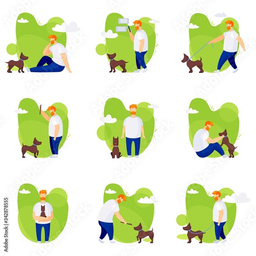 Man and dog on a walk. Vector illustrations set