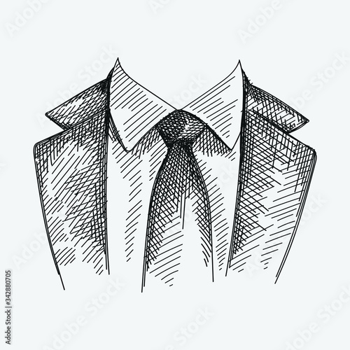 Hand-drawn sketch of collar with a traditional tie on a white background. Collar with simple traditional tie with no patterns