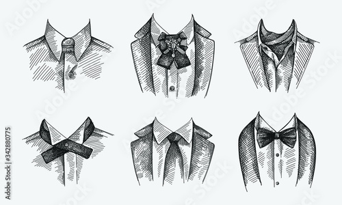Hand-drawn sketch set of collars with ties on a white background. Collar with no tie, bow tie and brooch pin,  collar with cravat neckerchief, continental tie, simple traditional tie with no patterns