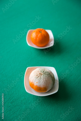 Obraz na plátne ROTTEN AND FRESH ORANGE ON WHITE DISH ON GREEN BACKGROUND