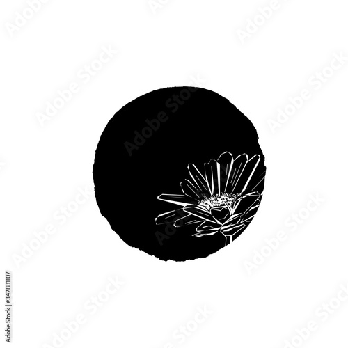 Grunge black circle with a silhouette of flowers inside. Vector isolated on the white background. Simple design element for greeting cards.