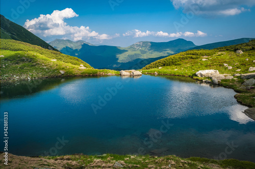 Mountain lake landscape, blue crystal clear water