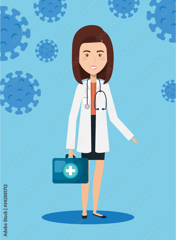 doctor female with first aid kit and particles covid 19 vector illustration design doctor female with first aid kit and particles covid 19 vector illustration design