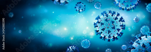 Coronavirus - Structure With Complete Surface Protein Representations In blue Background - 3d Rendering
 photo