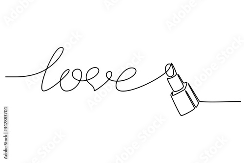 Continuous line drawing. Love is written by lipstick. Black isolated on white background. Hand drawn vector illustration. 
