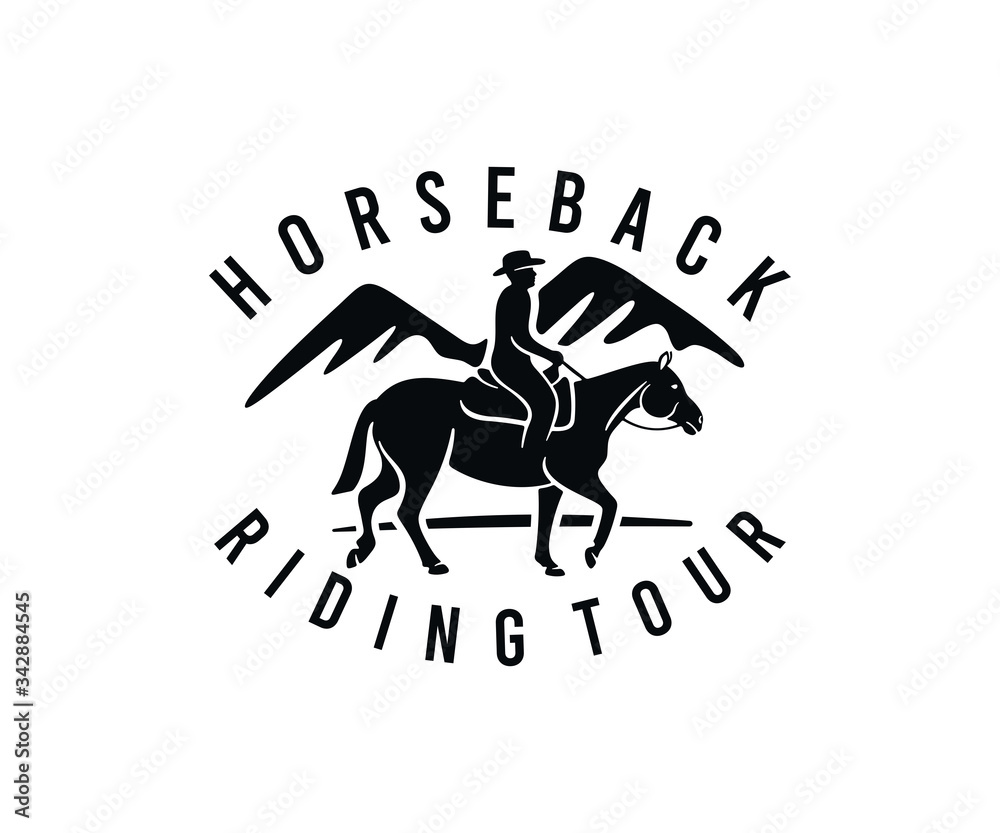 Fototapeta premium Horse and rider, horseback riding tour and mountains, logo design. Animal, pet, equine, stable and ranch, vector design and illustration