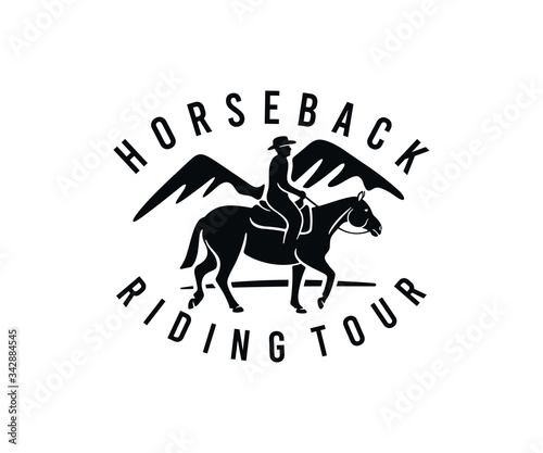 Horse and rider, horseback riding tour and mountains, logo design. Animal, pet, equine, stable and ranch, vector design and illustration