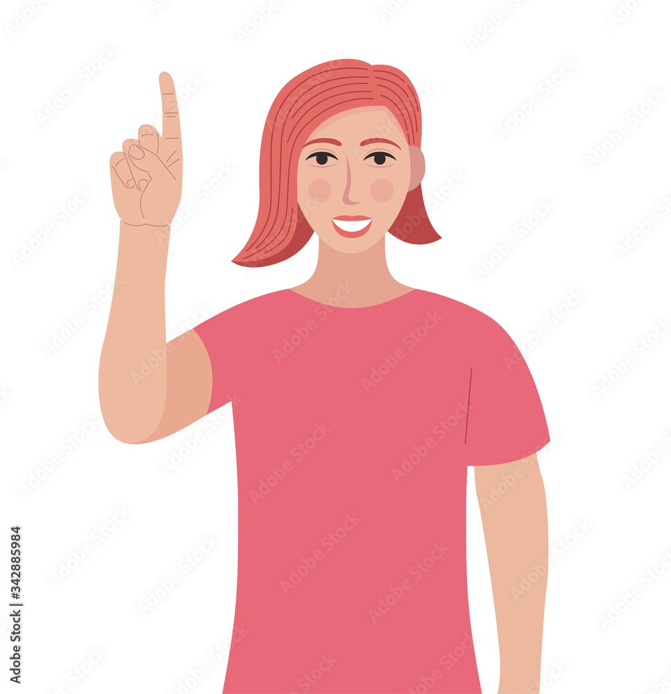 Woman pointing up finger while standing and smiling. Concept of a great idea. Vector illustration in cartoon style. Woman pointing up finger while standing and smiling. Concept of a great idea. Vector illustration in cartoon style.
