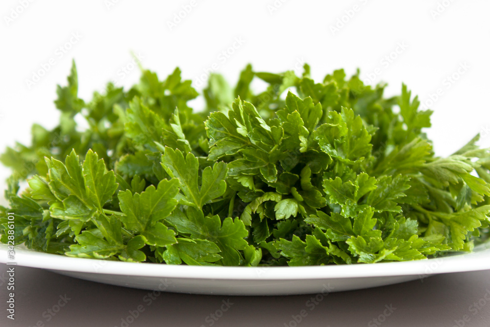 Parsley on a white plate. Useful plant. Dietary food. Vitamins. Parsley on a white plate. Useful plant. Dietary food. Vitamins.