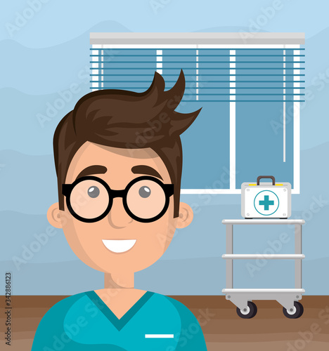 male paramedic with first aid kit in consult room scene vector illustration design