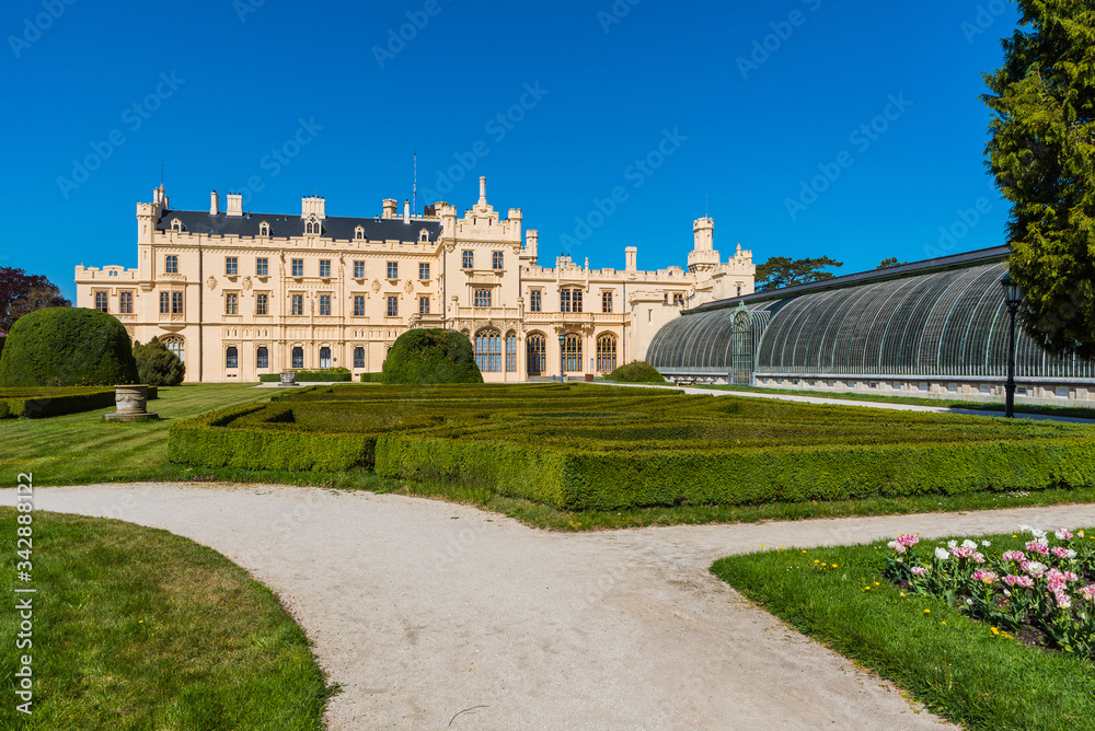 Lednice, Czech republic,  Lednice Chateau with beautiful gardens and parks on sunny spring day. Lednice-Valtice Landscape, South Moravian region. UNESCO World Heritage Site.