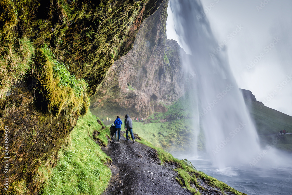 Seljalandsfoss waterfall, part of Seljalands River that has its origin in the volcano glacier Eyjafjallajokull, Iceland