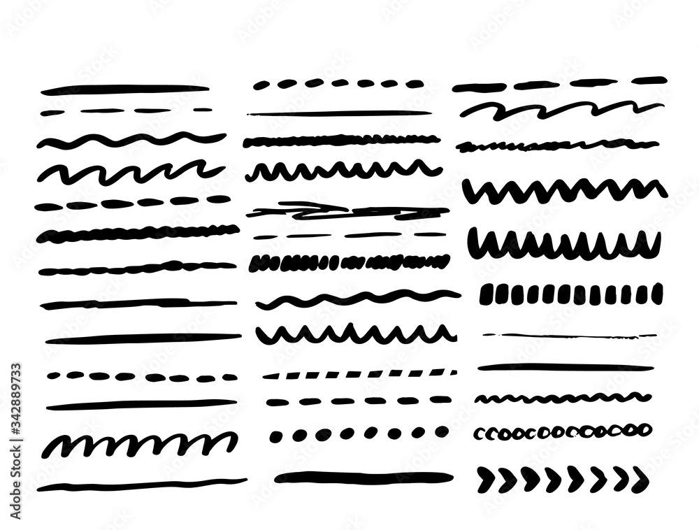 Vector line grunge sketch border set. Hand Drawn Brush pen stroke, pencil devider, black element