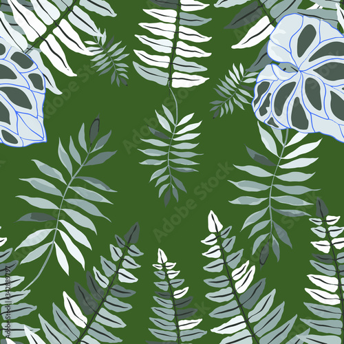 Modern abstract seamless pattern with watercolor tropical leaves for textile design. Retro summer background. Jungle foliage illustration. Swimwear botanical design. Vintage exotic print. Vector.