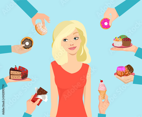 Vector of a woman trying to resist not to eat  junk sweet food offered by many people