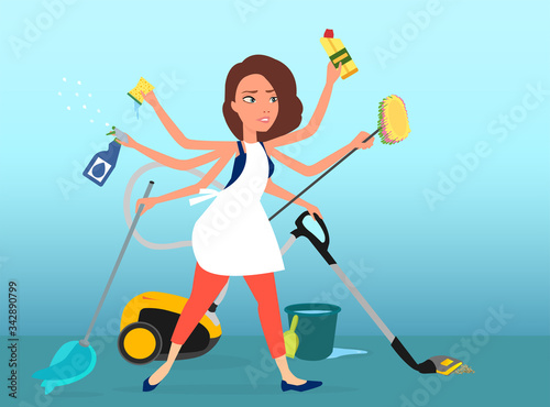 Vector of a super busy multitasking woman washing, vacuuming and cleaning house