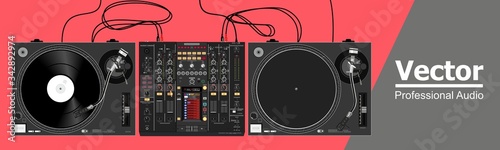 Realistic vector set of vinyl dj equipment. Legendary turntables and mixer. Illustration on the theme of nightlife and clubs. Image for a poster and flyer. Material for placement on t-shirts and caps. photo