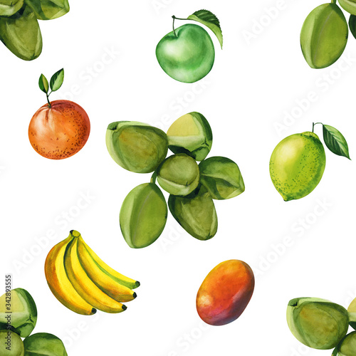 Watercolor seamless floral pattern with fruts hand drawing decorative background. Hand drawn watercolor illustration. Print for textile, cloth, wallpaper, scrapbooking
