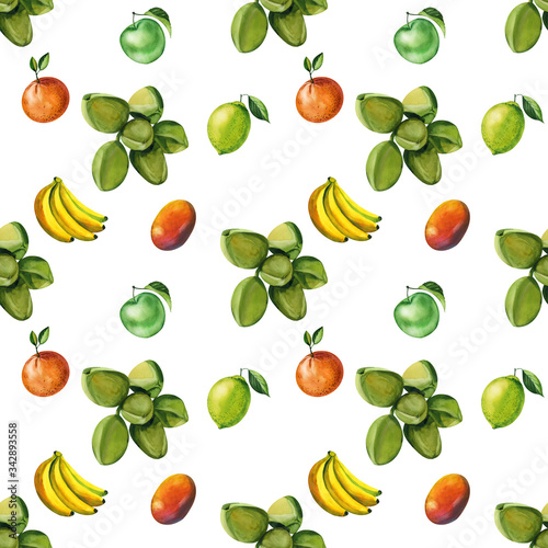 Watercolor seamless floral pattern with fruts hand drawing decorative background. Hand drawn watercolor illustration. Print for textile, cloth, wallpaper, scrapbooking